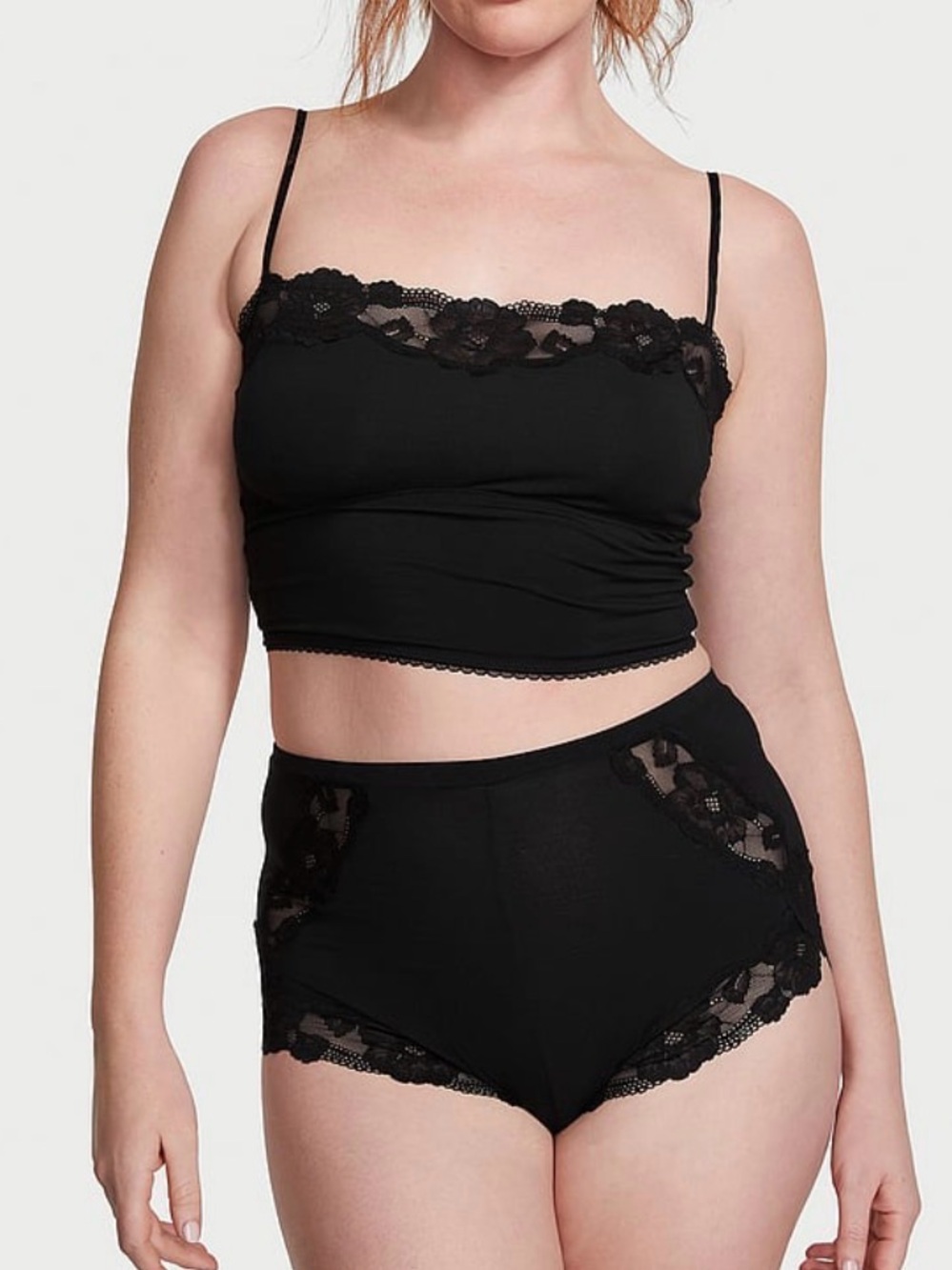 Victoria's Secret Black Lace-Trim Crop Cami & High-Waist Brief Set